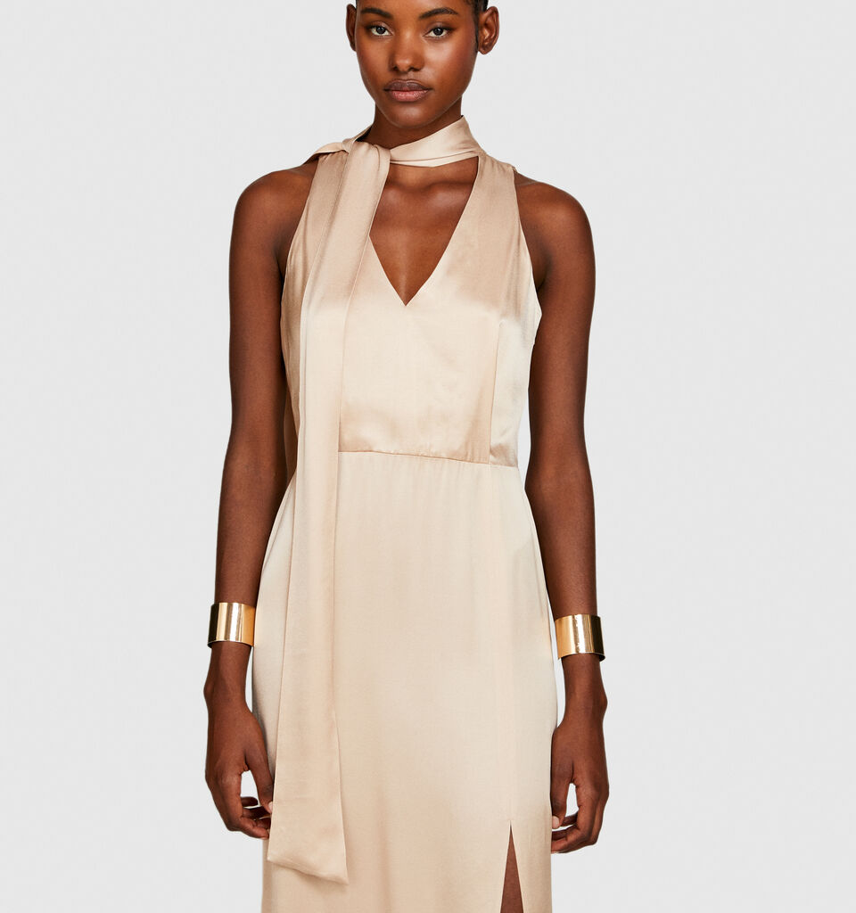 Satin dress with scarf - women's midi dresses - Nude | Sisley image number 4